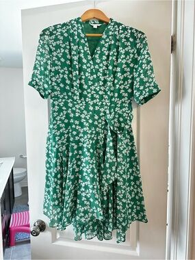 Green Floral Wrap Dress - White Clover Print